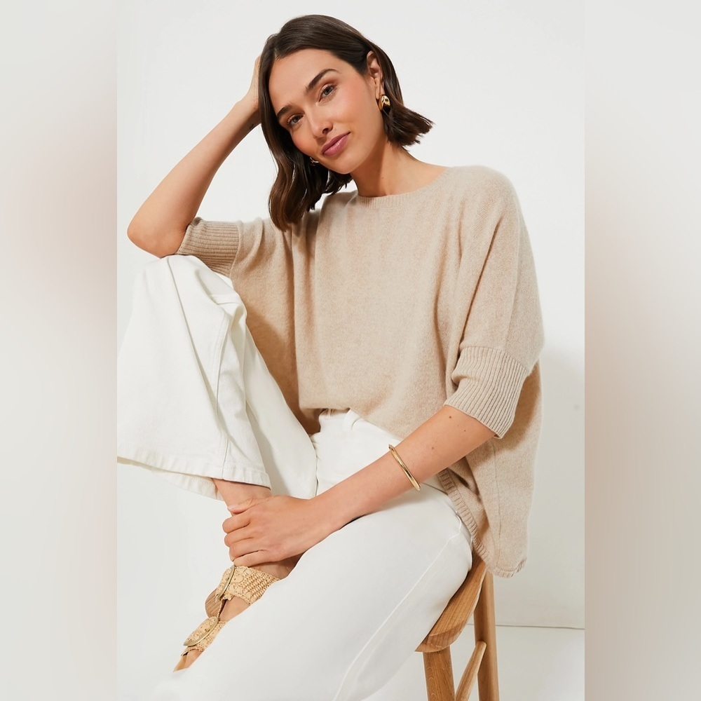 NWOT TUCKERNUCK Sandstone Short Sleeve Cashmere Crewneck in Tan Sz L